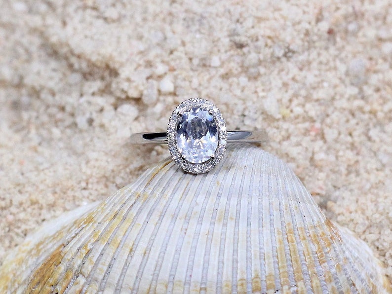 1 CT Oval Cut White Topaz & Diamond 925 Sterling Silver Halo Engagement Ring