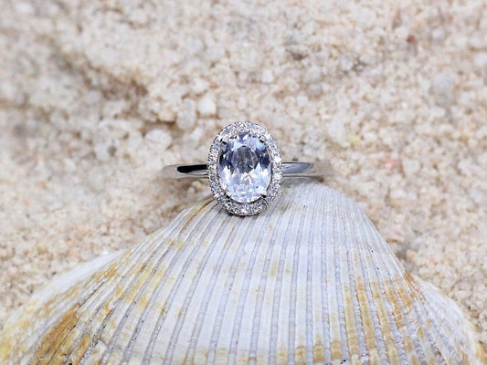 1 CT Oval Cut White Topaz & Diamond 925 Sterling Silver Halo Engagement Ring