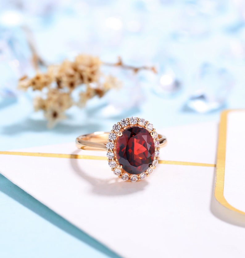 1 CT Oval Cut Red Garnet Diamond Rose Gold Over On 925 Sterling Silver Women Halo Anniversary Ring