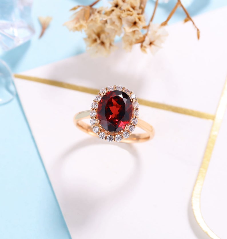 1 CT Oval Cut Red Garnet Diamond Rose Gold Over On 925 Sterling Silver Women Halo Anniversary Ring