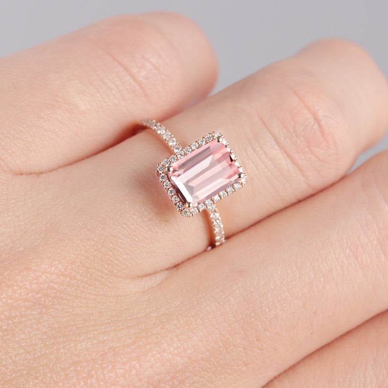 1 CT Emerald Cut Morganite Diamond 925 Sterling Silver Women's Wedding Halo Ring