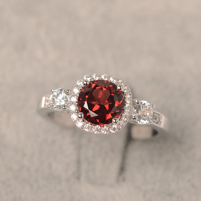 1 CT Round Cut red garnet White Gold Over On 925 Sterling Silver Halo Engagement Ring For Women