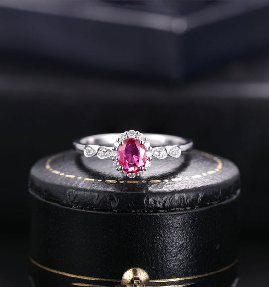 1 CT Oval Cut Red Ruby Diamond 925 Sterling Silver Halo Anniversary Ring
