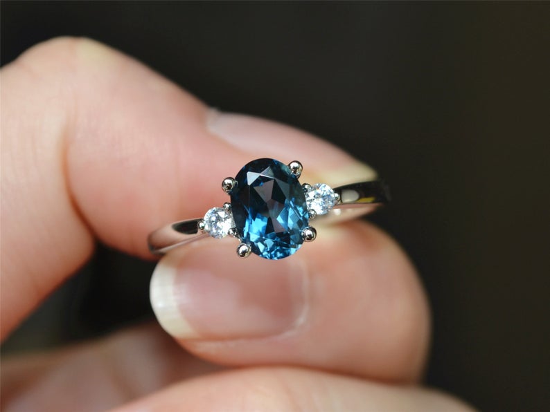 1 CT Oval Cut London Blue Topaz Diamond 925 Sterling Silver Solitaire With Accents Ring