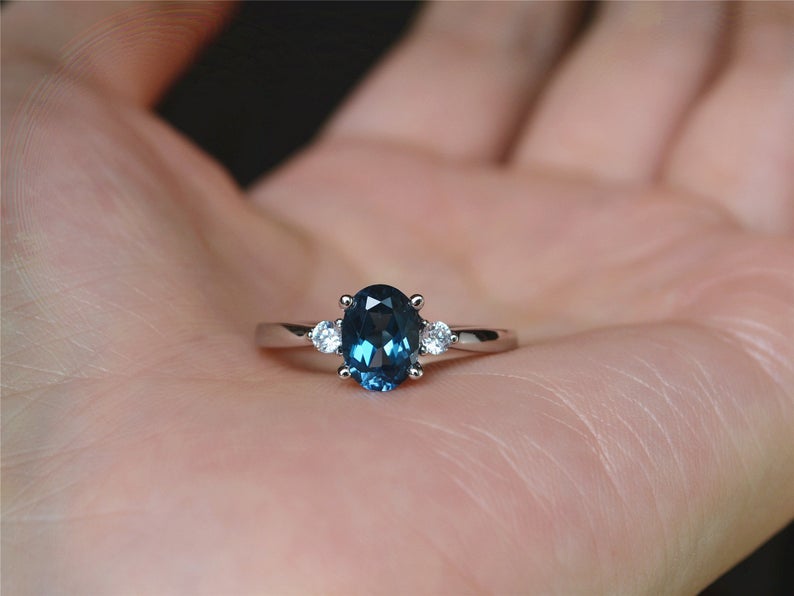 1 CT Oval Cut London Blue Topaz Diamond 925 Sterling Silver Solitaire With Accents Ring
