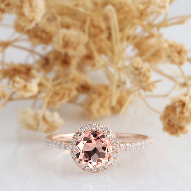 1 CT Round Cut Pink Morganite Diamond 925 Sterling Silver Halo Promise Ring