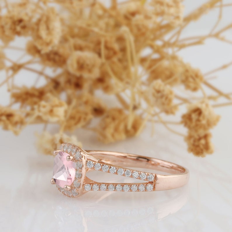 1 CT Cushion Pink Morganite Diamond Rose Gold Over On 925 Sterling Silver Split Shanks Halo Wedding Ring