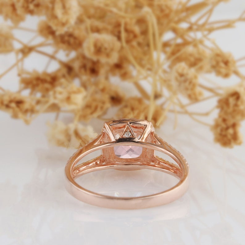 1 CT Cushion Pink Morganite Diamond Rose Gold Over On 925 Sterling Silver Split Shanks Halo Wedding Ring
