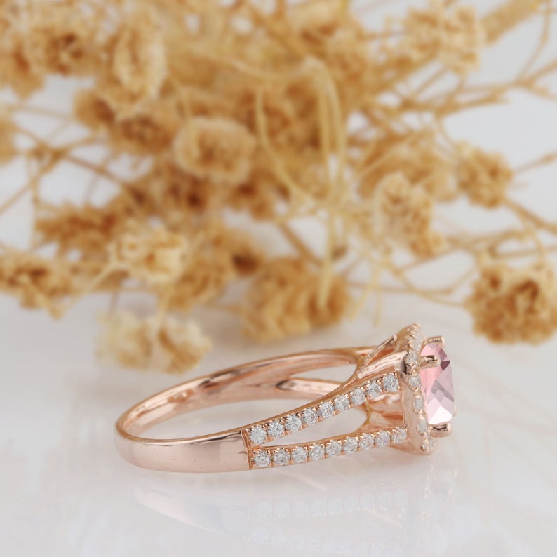 1 CT Cushion Pink Morganite Diamond Rose Gold Over On 925 Sterling Silver Split Shanks Halo Wedding Ring