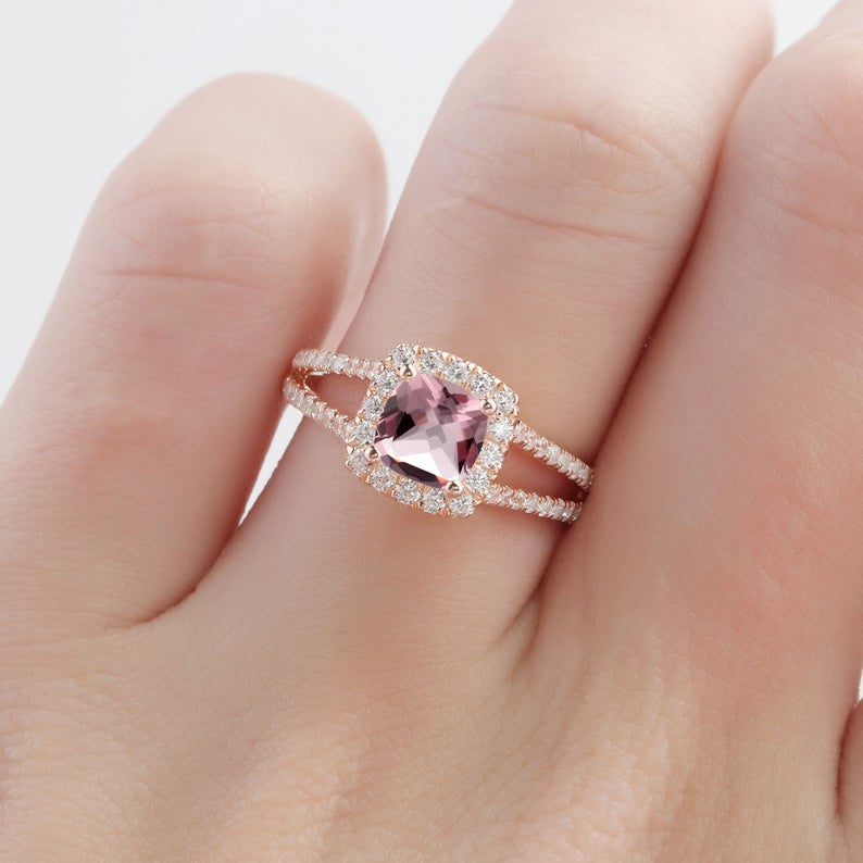 1 CT Cushion Pink Morganite Diamond Rose Gold Over On 925 Sterling Silver Split Shanks Halo Wedding Ring