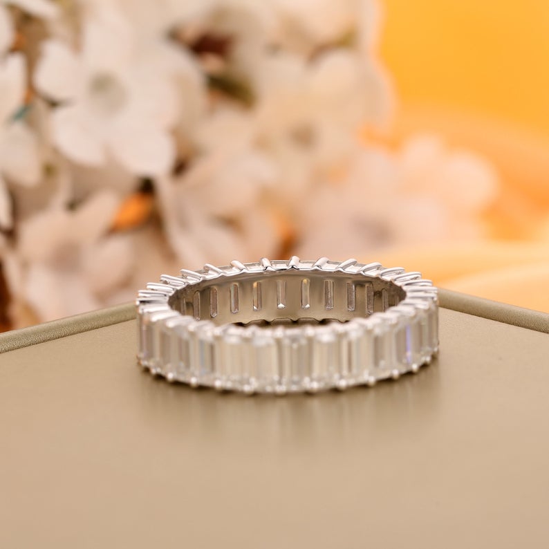 CT Emerald Cut Diamond 925 Sterling Silver Full Eternity Wedding Band  Ring For Women