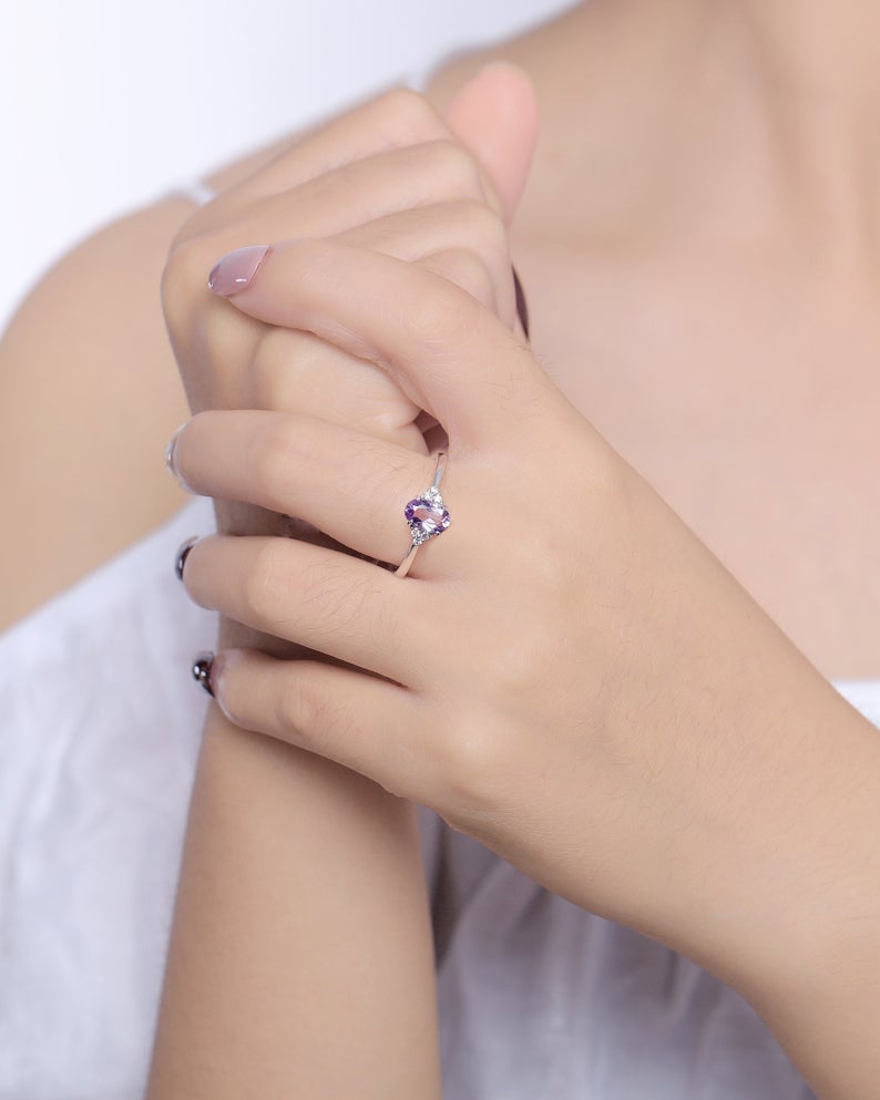 1 CT Oval Cut Amethyst Diamond White Gold Over On 925 Sterling Silver Solitaire With Accents Ring