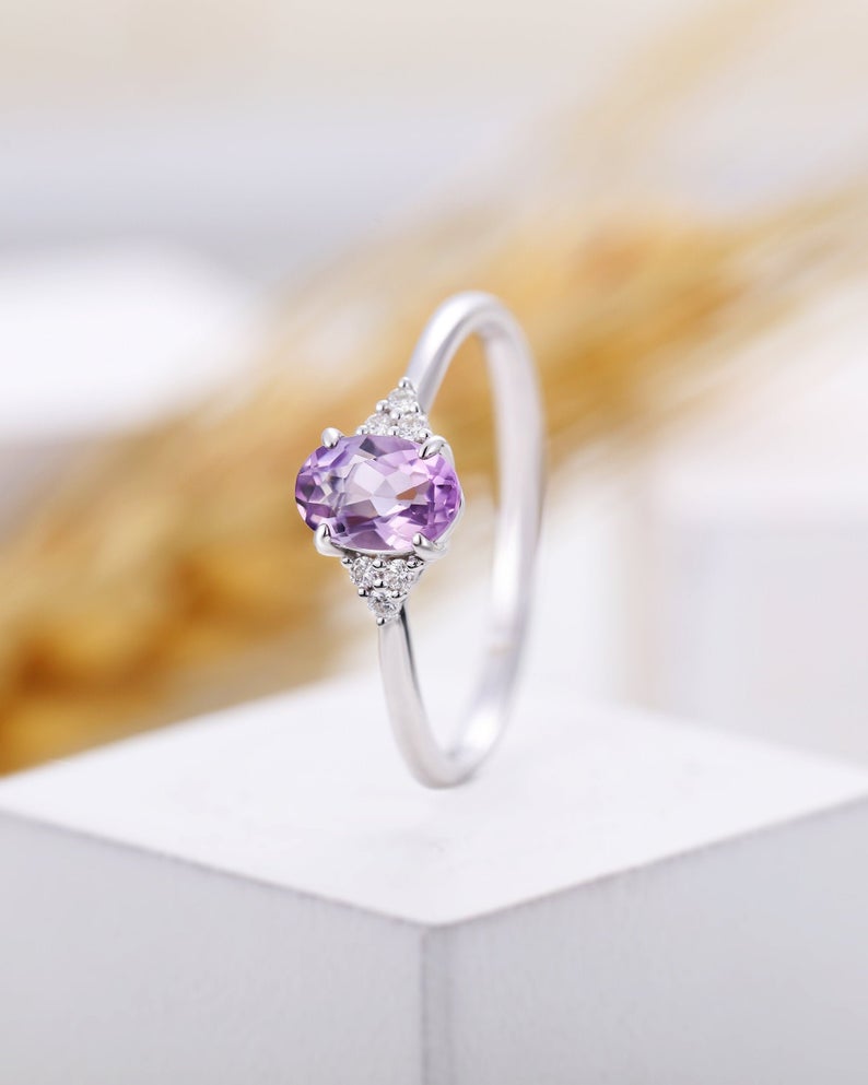 1 CT Oval Cut Amethyst Diamond White Gold Over On 925 Sterling Silver Solitaire With Accents Ring