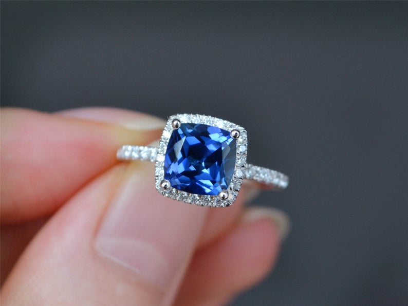 2 CT Cushion Cut Blue Sapphire Diamond 925 Sterling Silver Promise Ring Birthday Gift