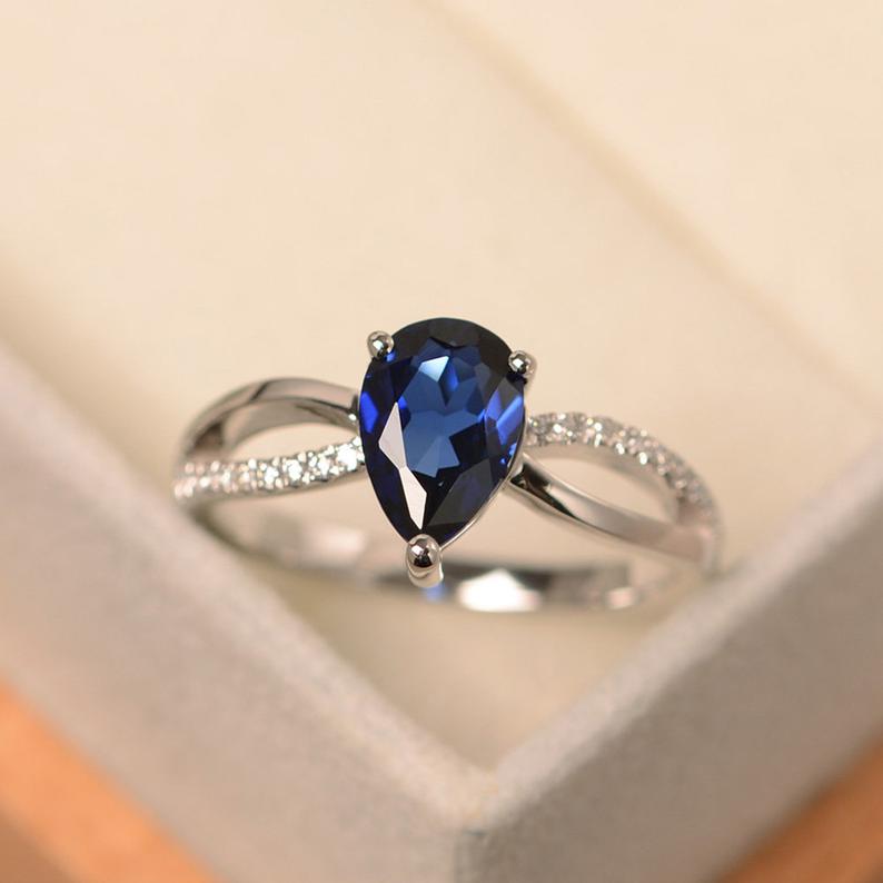 1.20 Ct Pear Cut Blue Sapphire 925 Sterling Silver Split Shank Solitaire Promise Ring