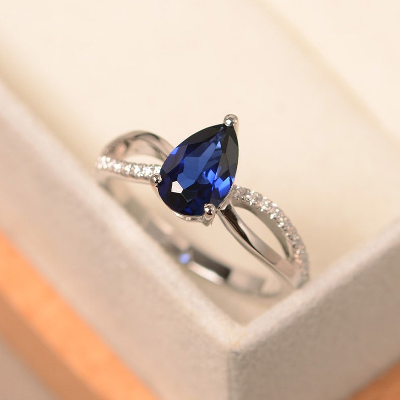 1.20 Ct Pear Cut Blue Sapphire 925 Sterling Silver Split Shank Solitaire Promise Ring
