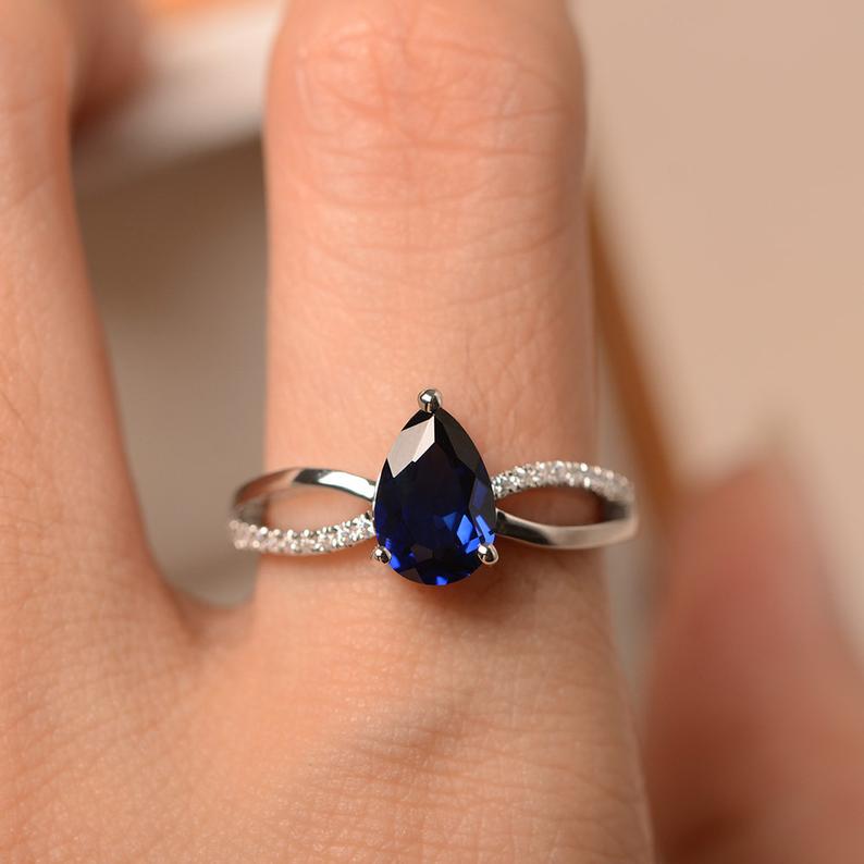 1.20 Ct Pear Cut Blue Sapphire 925 Sterling Silver Split Shank Solitaire Promise Ring