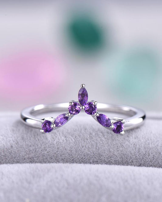 1.25 Ct Marquise Cut Purple Amethyst Curve V Shape Band Ring In 925 Sterling Silver