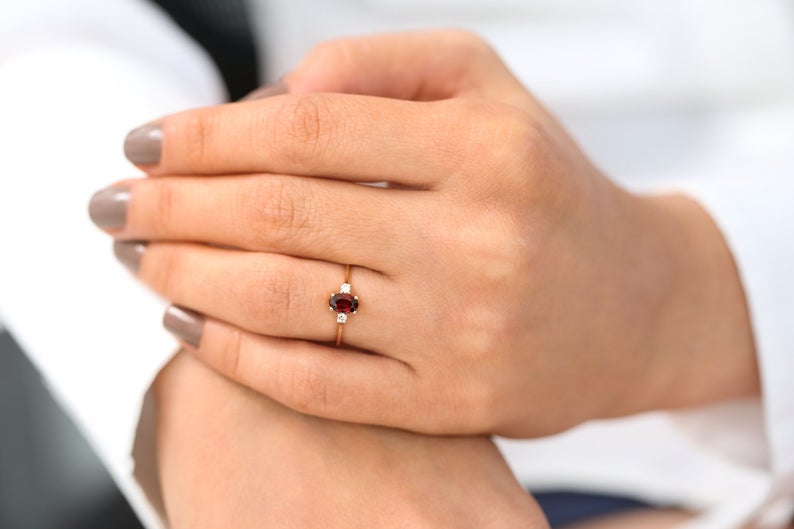 1 CT Oval Cut Red Garnet Diamond Rose Gold Over On Rose Gold Over On Three Stone Ring