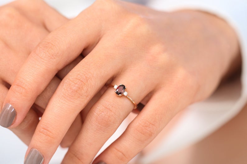 1 CT Oval Cut Red Garnet Diamond Rose Gold Over On Rose Gold Over On Three Stone Ring