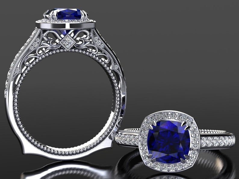 1 CT Cushion Cut Blue Sapphire And Diamond White Gold Over On 925 Sterling Silver Halo Engagement Ring