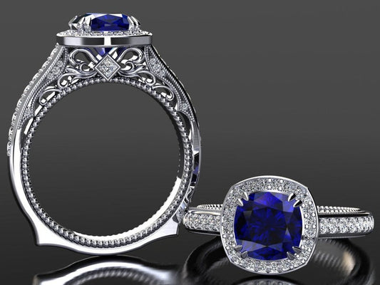 1 CT Cushion Cut Blue Sapphire And Diamond White Gold Over On 925 Sterling Silver Halo Engagement Ring