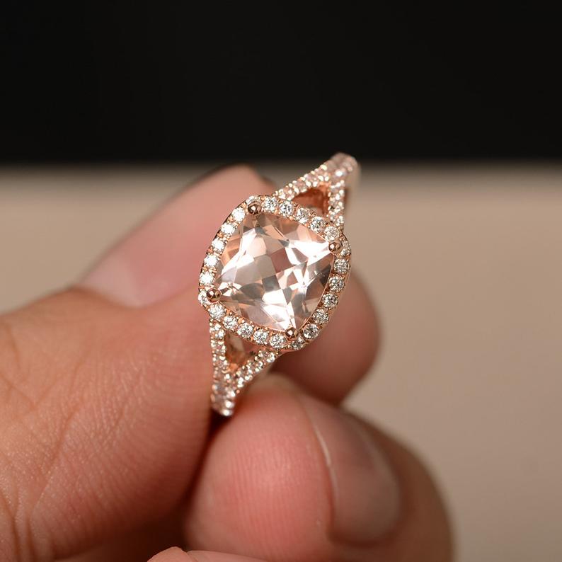2.25 Ct Cushion Cut Morganite 925 Sterling Silver Halo Engagement Wedding Ring