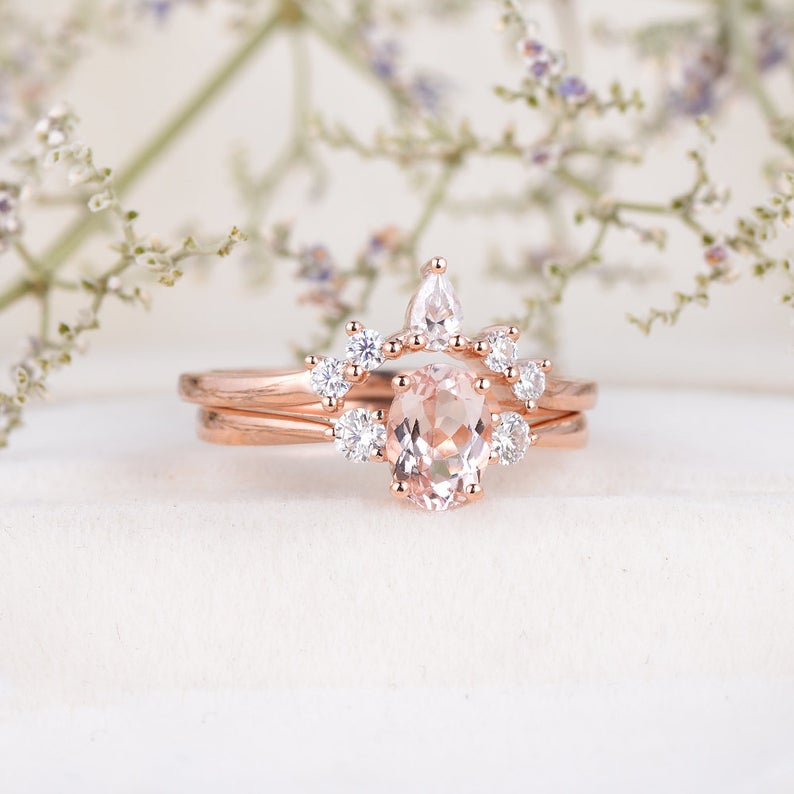 1 CT Oval Cut Morganite Diamond Rose Gold Over On 925 Sterling Silver Halo Bridal Ring Set