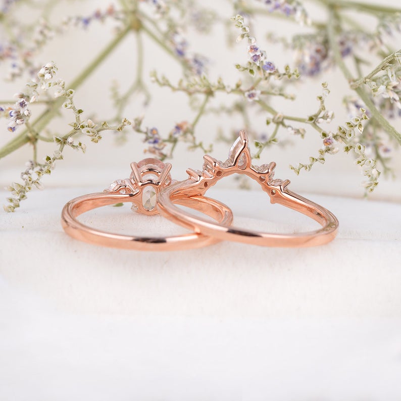 1 CT Oval Cut Morganite Diamond Rose Gold Over On 925 Sterling Silver Halo Bridal Ring Set