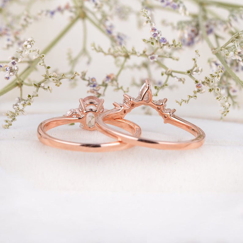 1 CT Oval Cut Morganite Diamond Rose Gold Over On 925 Sterling Silver Halo Bridal Ring Set