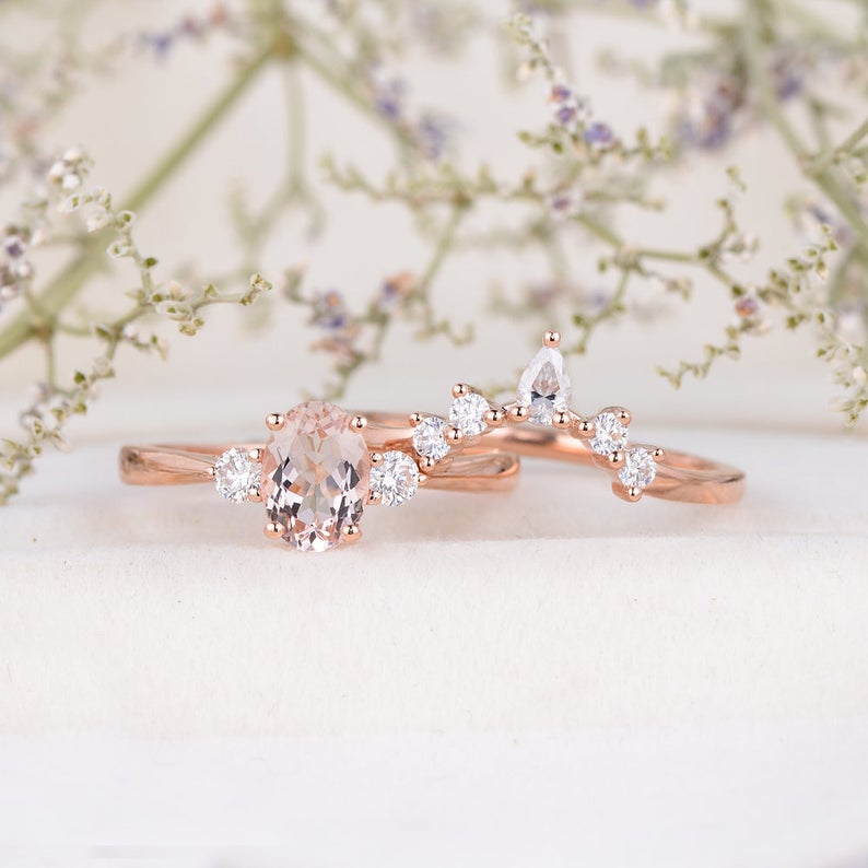 1 CT Oval Cut Morganite Diamond Rose Gold Over On 925 Sterling Silver Halo Bridal Ring Set