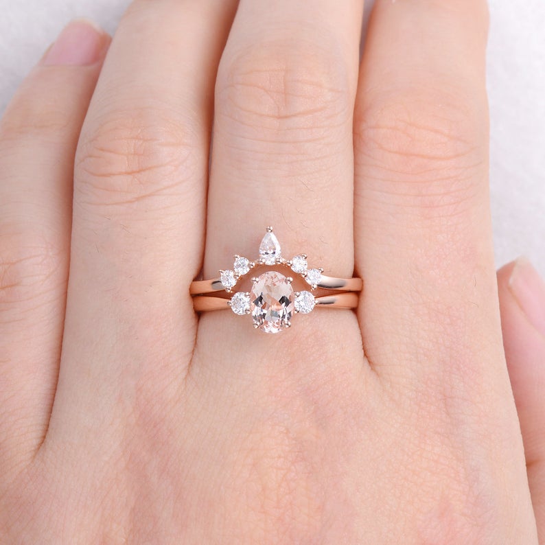 1 CT Oval Cut Morganite Diamond Rose Gold Over On 925 Sterling Silver Halo Bridal Ring Set