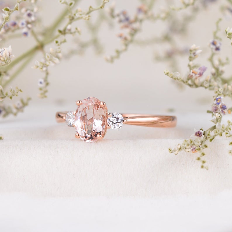 1.50 Ct Oval Cut Morganite & Round CZ Three-Stone Pretty Promise Gift Ring In 925 Sterling Silver