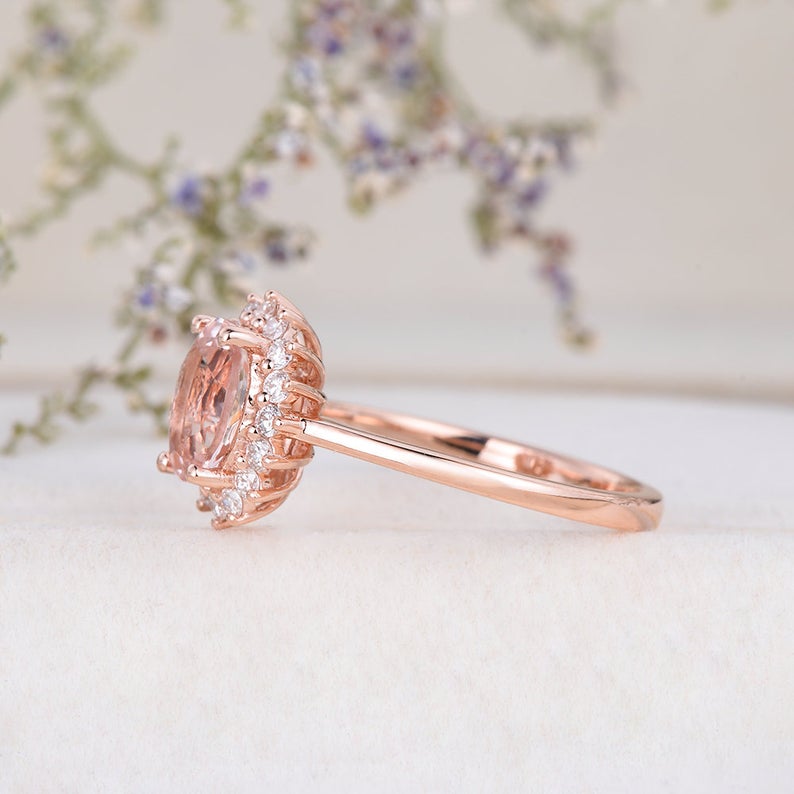 1 CT Oval Cut Morganite Diamond Rose Gold Over On 925 Sterling Silver Women Halo Wedding Ring