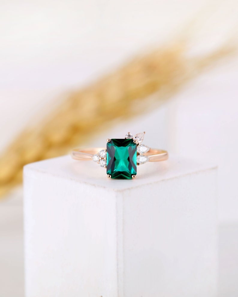2.50 CT Emerald Cut Green Emerald Rose Gold Over On 925 Sterling Silver Cluster Engagement Ring