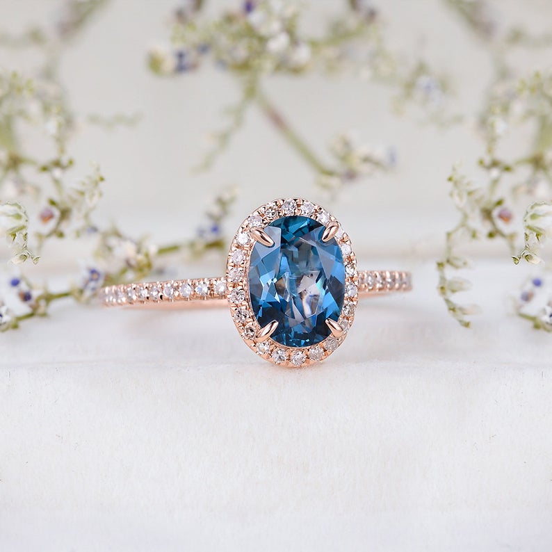 2 CT Oval Cut Blue Topaz Diamond Rose Gold Over On 925 Sterling Silver Woman Wedding Ring