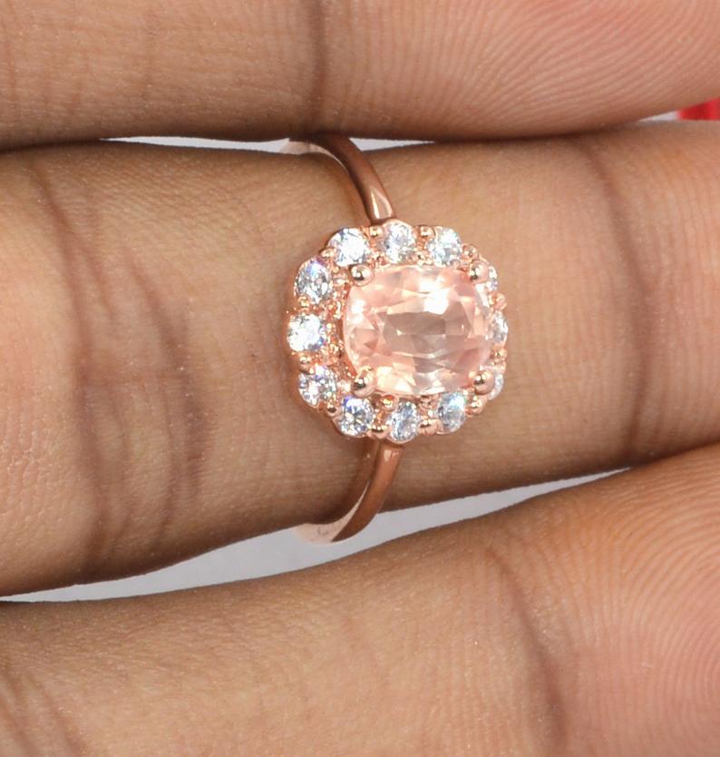1 CT Oval Cut Morganite Diamond Rose Gold Over On 925 Sterling Silver Solitaire With Accent Ring
