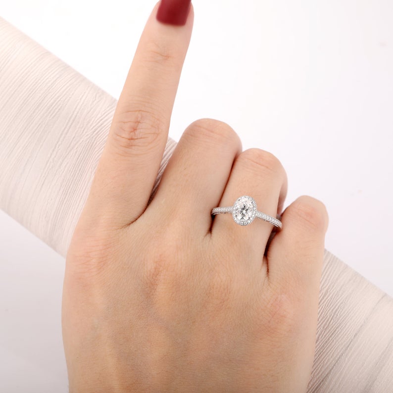 1 CT Oval Cut Diamond White Gold Over On 925 Sterling Silver Halo Promise Ring