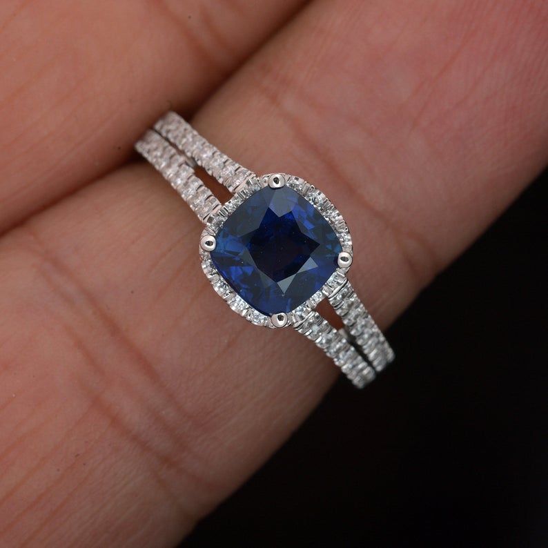 1 CT Cushion Cut Blue Sapphire Diamond 925 Sterling Silver Halo Engagement Ring