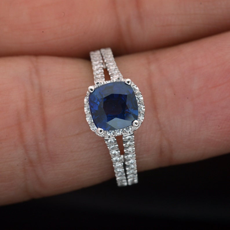 1 CT Cushion Cut Blue Sapphire Diamond 925 Sterling Silver Halo Engagement Ring