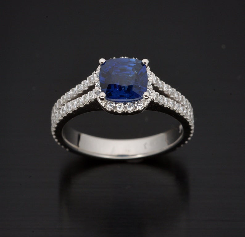 1 CT Cushion Cut Blue Sapphire Diamond 925 Sterling Silver Halo Engagement Ring