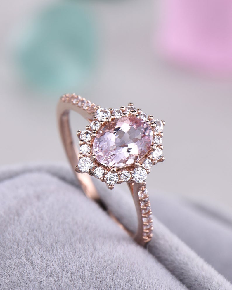 1 CT Oval Cut Pink Morganite CZ Diamond Rose Gold Over On 925 Sterling Silver Halo Promise Ring