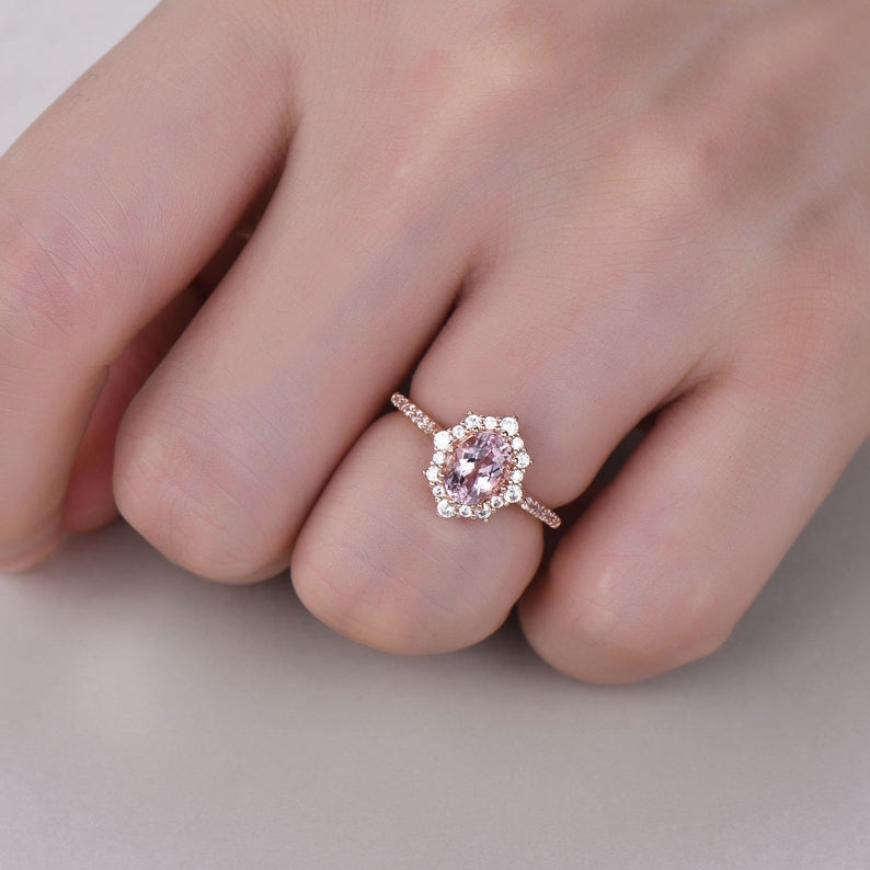 1 CT Oval Cut Pink Morganite CZ Diamond Rose Gold Over On 925 Sterling Silver Halo Promise Ring