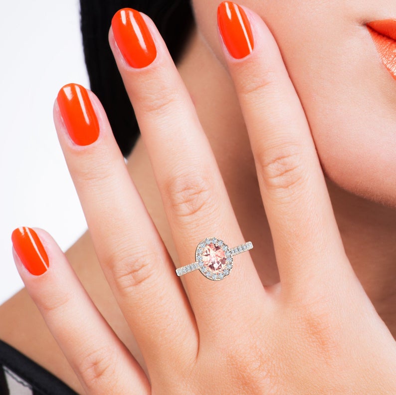 3 CT Oval Cut Pink Morganite Diamond 925 Sterling Silver Halo Anniversary Ring For Women