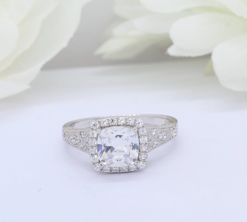 1 CT Cushion Cut CZ Diamond 925 Sterling Silver Vintage Halo Wedding Ring