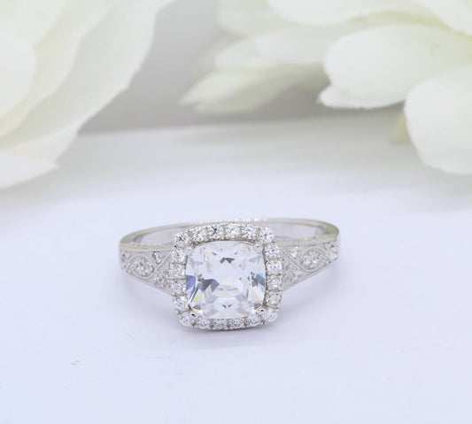 1 CT Cushion Cut CZ Diamond 925 Sterling Silver Vintage Halo Wedding Ring