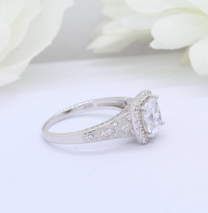 1 CT Cushion Cut CZ Diamond 925 Sterling Silver Vintage Halo Wedding Ring