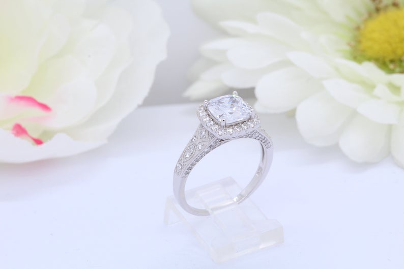 1 CT Cushion Cut CZ Diamond 925 Sterling Silver Vintage Halo Wedding Ring