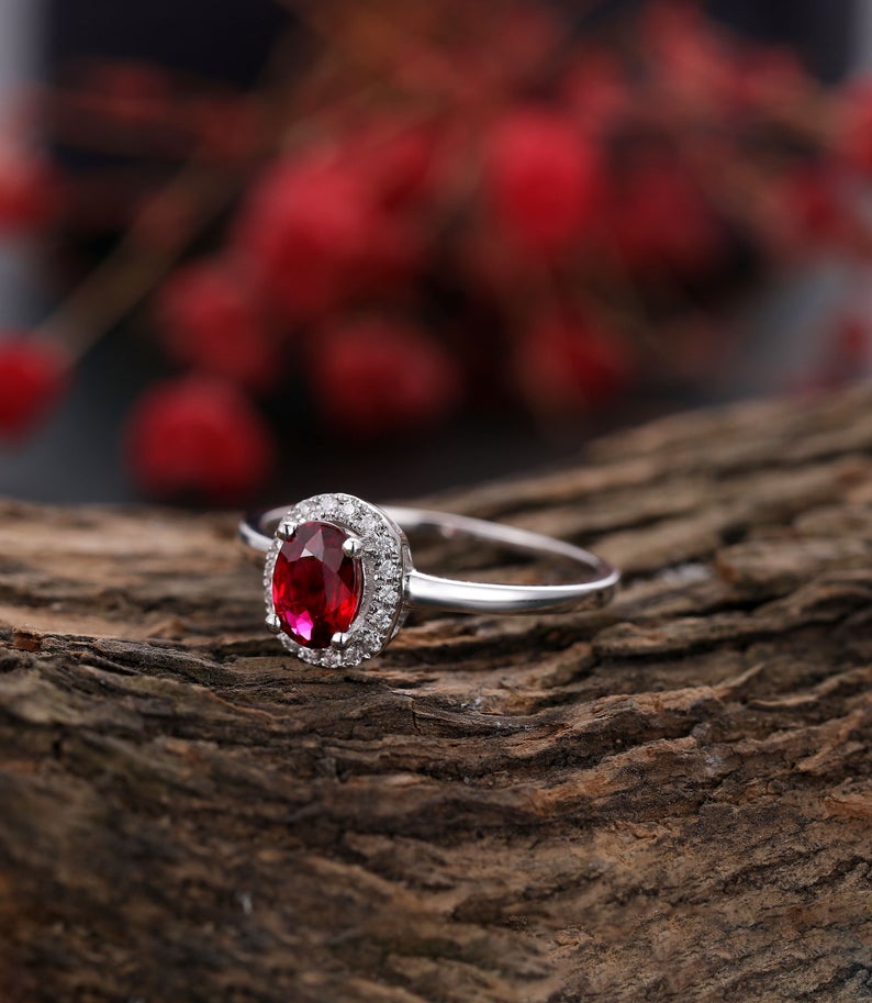 1 CT Oval Cut Red Ruby Diamond 925 Sterling Silver Halo Wedding Ring
