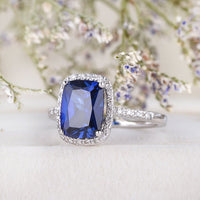 1 CT Cushion Cut Blue Sapphire Diamond White Gold Over On 925 Sterling Silver Halo Wedding Ring